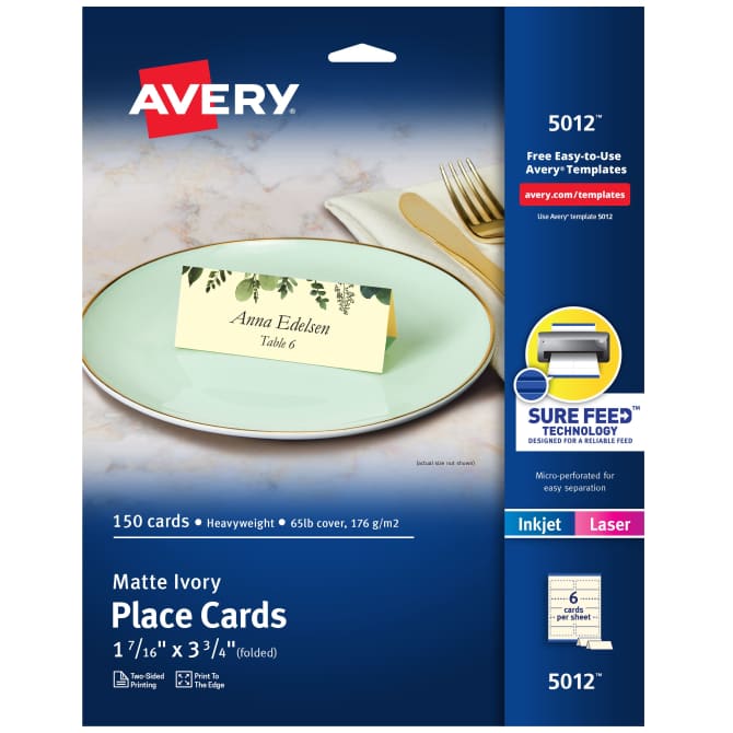 Avery Printable Place Cards With Sure Feed Technology 1 7 16 X 3 3 4 Textured Ivory 150 